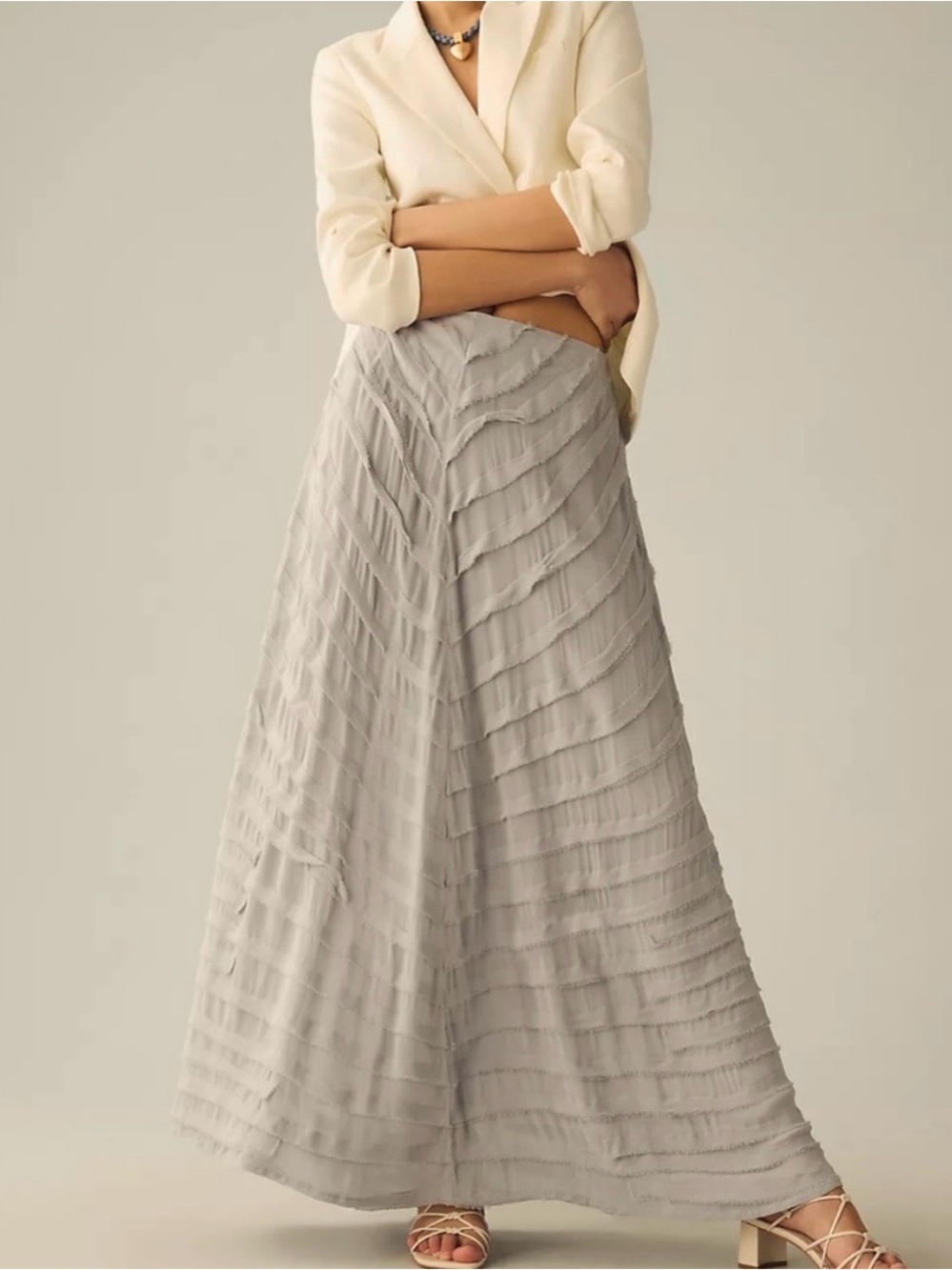 NEW Anthropologie Gray Layered Ruffle Asymmetrical Boho Quiet Luxury Maxi Skirt